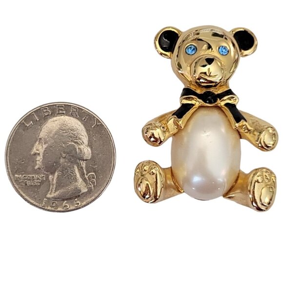 Carolee Gold-Tone Blue Rhinestone, Faux Pearl Belly Bear Brooch Pin, Signed M780 - Picture 6 of 9